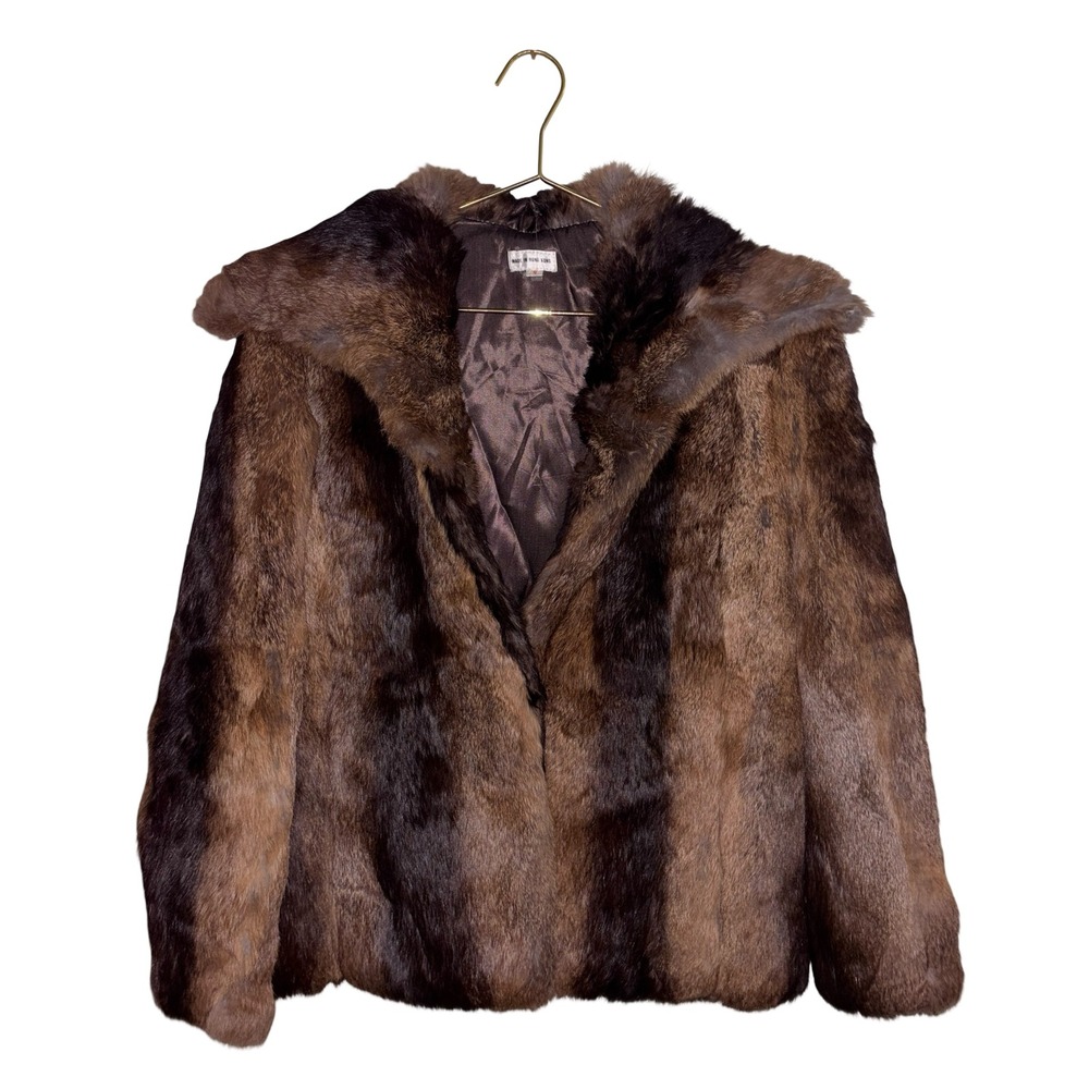 Vintage Rabbit Fur Coat‎ Striped Brown Jacket Small Made in Hong Kong